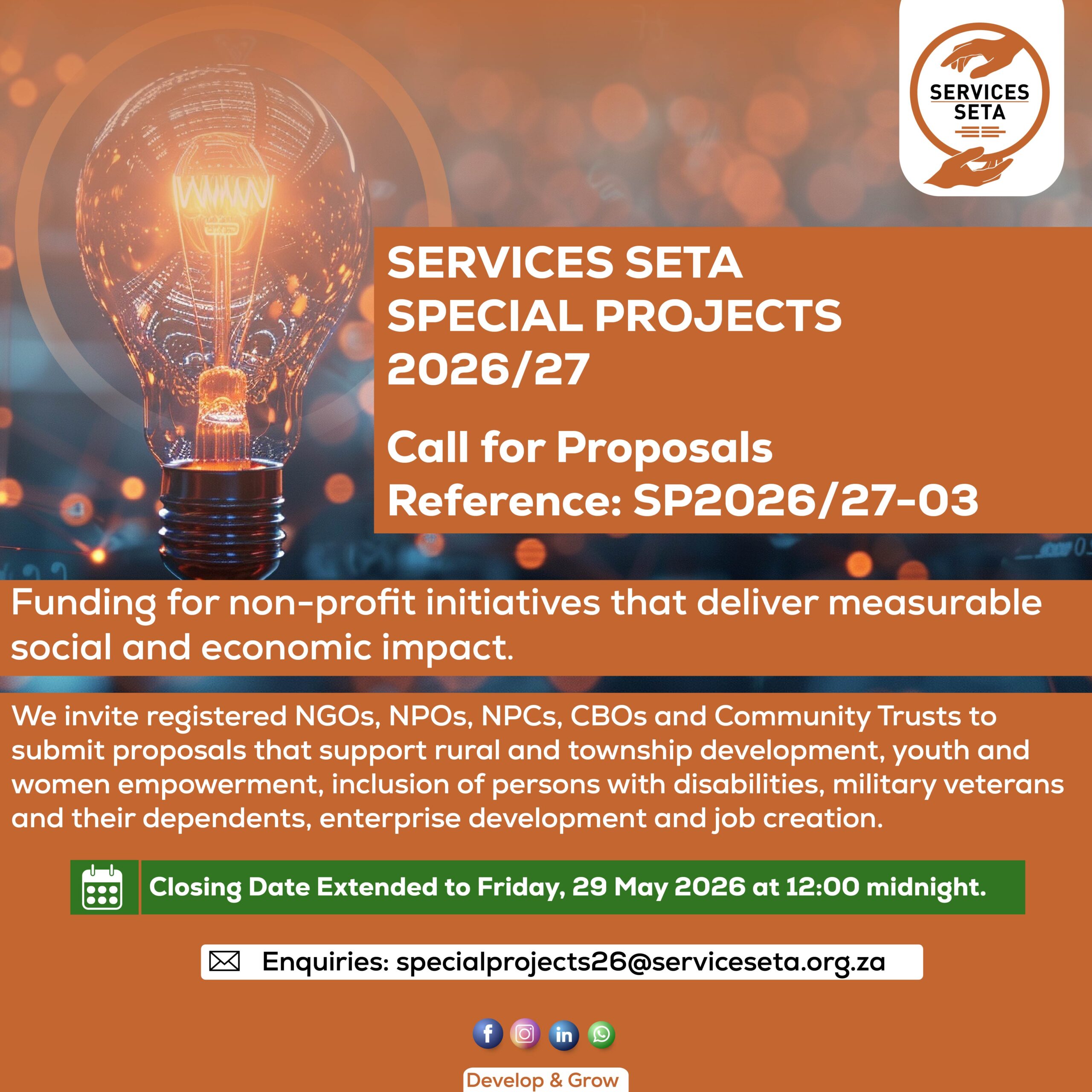 Services SETA Special Projects 2026/27 Call for Proposals Extended